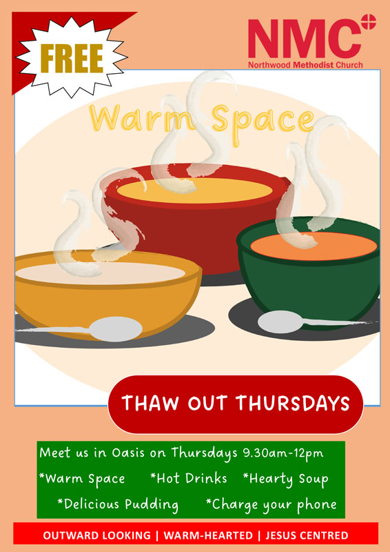 A warm space at Northwood Methodist church, Oaklands Gate, Northwood. Every Thursday from 9.30am until noon.
Free hot drinks, soup and phone charging.